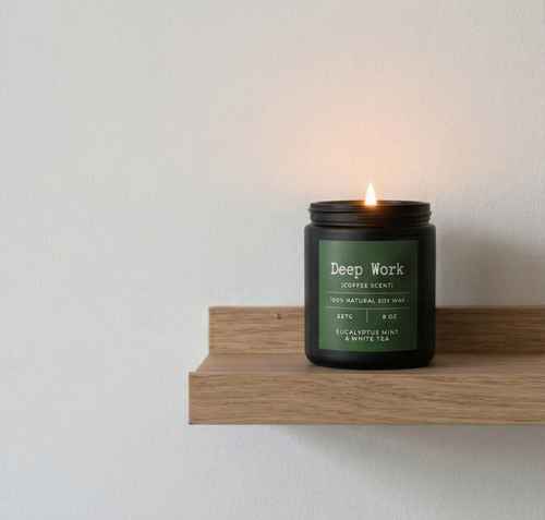 Black aromatherapy candle labeled Deep Work with eucalyptus mint scent, soy wax, on a wooden shelf, lit for focus and clarity