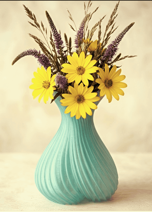 A light aqua ribbed ceramic vase holding a bouquet of yellow daisy-like flowers and purple dried stems, set against a soft beige background.
