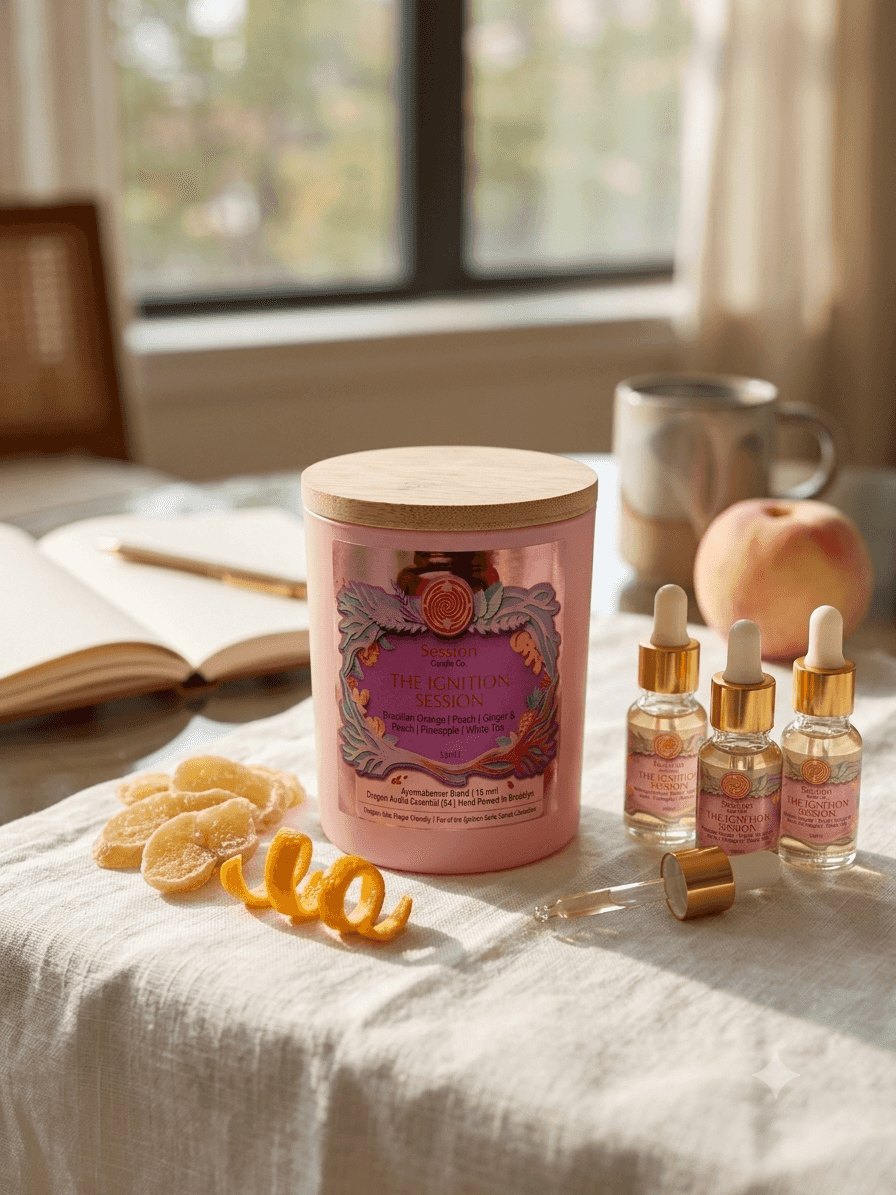 Set of aromatherapy essential oils with pink labels, wooden caps, and a pink candle jar on a sunlit table with peach and decorative items
