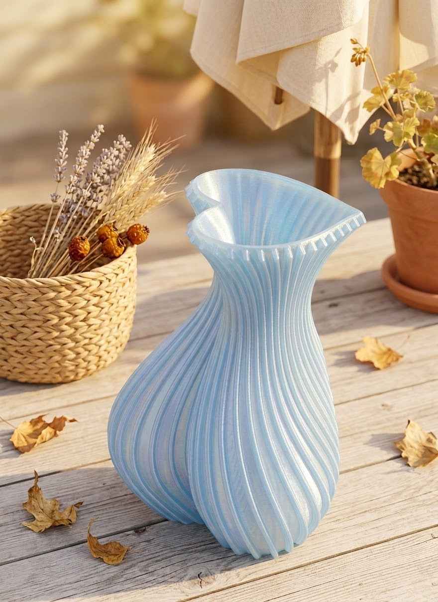A light aqua ribbed ceramic vase holding a bouquet of yellow daisy-like flowers and purple dried stems, set against a soft beige background.
