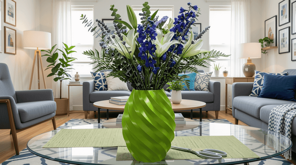 A bright green ribbed ceramic vase filled with a large floral arrangement of blue delphiniums, white lilies, and green foliage, set on a glass coffee table in a modern, sunlit living room.