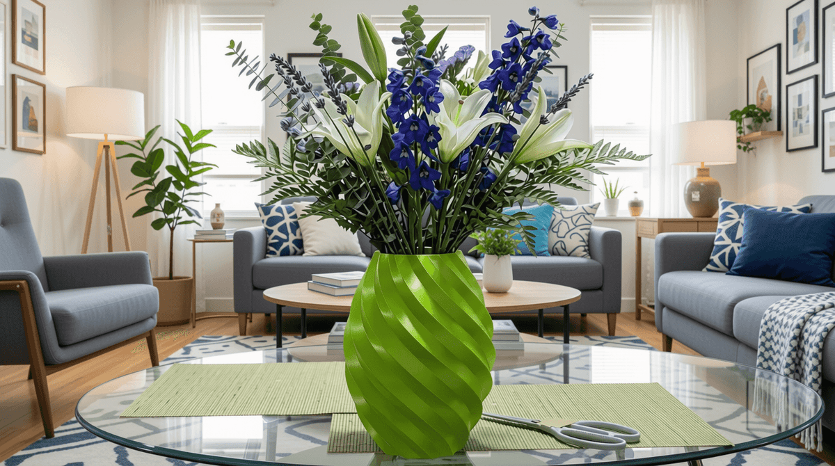 A bright green ribbed ceramic vase filled with a large floral arrangement of blue delphiniums, white lilies, and green foliage, set on a glass coffee table in a modern, sunlit living room.