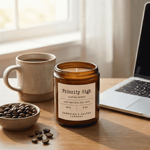An amber glass jar candle labeled 'Priority High' sits on a wooden desk beside a mug of coffee, a bowl of coffee beans, and an open laptop in a softly lit room.
