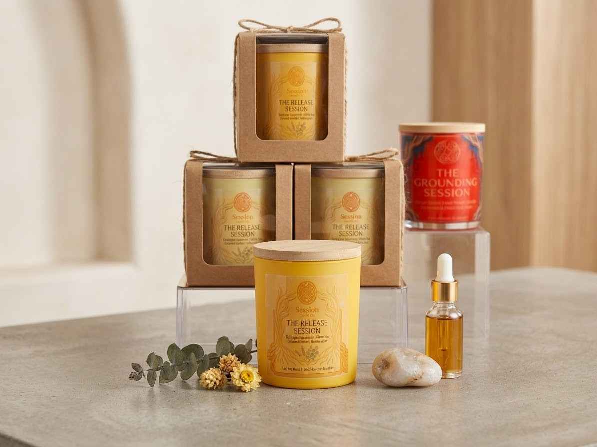 A curated wellness gift set on a stone surface with a neutral indoor backdrop. The set includes multiple yellow and gold candles in kraft gift boxes and a clear container, a red-labeled jar, a small amber dropper bottle, a white stone, dried flowers, and greenery.
