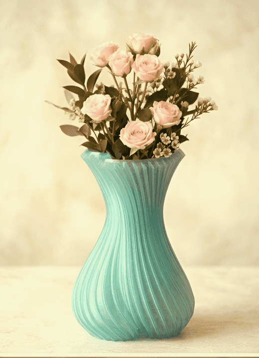 A light aqua ribbed ceramic vase holding a bouquet of yellow daisy-like flowers and purple dried stems, set against a soft beige background.