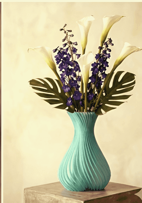 A turquoise ribbed ceramic vase holding a floral arrangement with white calla lilies, purple flowers, and green monstera leaves, displayed on a wooden pedestal against a warm beige background.