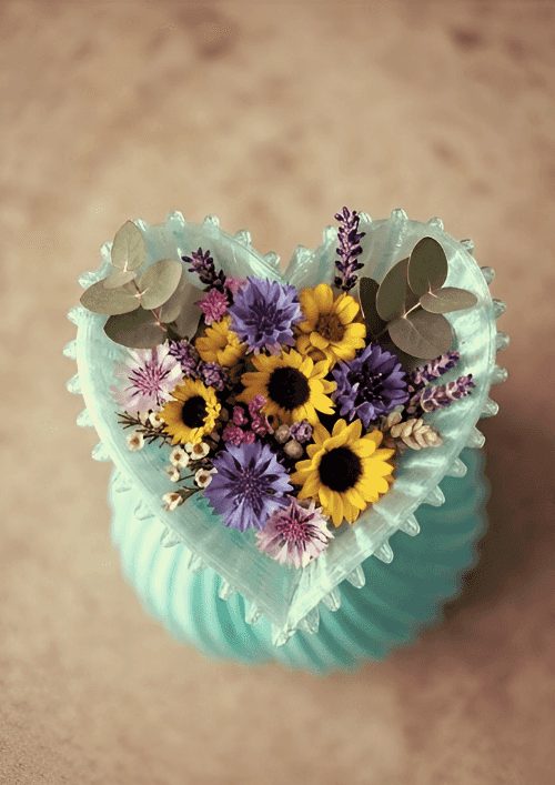 A heart-shaped bouquet of dried flowers in yellow, purple, and pink with green leaves, arranged in a ribbed light blue heart-shaped vase on a warm beige background.