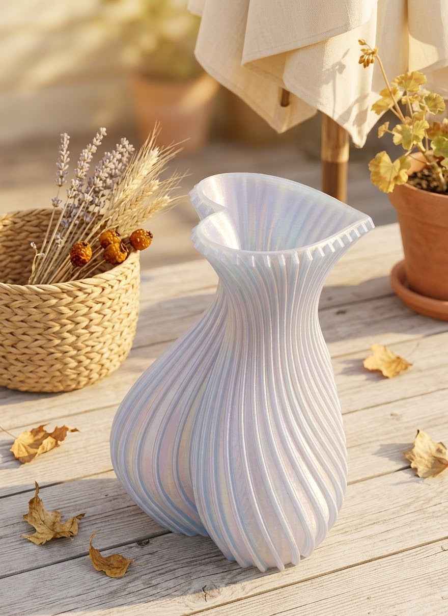 A light aqua ribbed ceramic vase holding a bouquet of yellow daisy-like flowers and purple dried stems, set against a soft beige background.