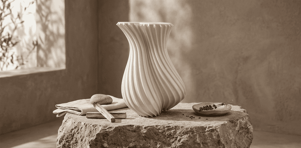 White sculptural vase with ribbed swirl design on a stone surface, perfect for home decor and floral arrangements.