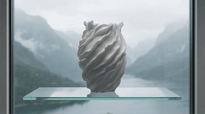 The Flow Vessel in white - displayed on glass shelf with misty mountain backdrop