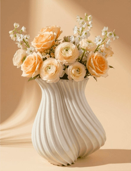 White sculptural vase with ribbed swirl pattern filled with peach roses and white flowers, perfect for floral arrangements.