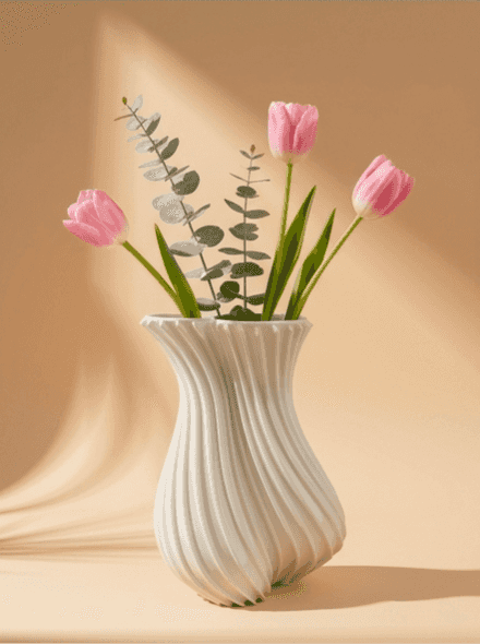Elegant white ribbed vase filled with pink tulips and eucalyptus, showcasing a modern sculptural design for home decoration.