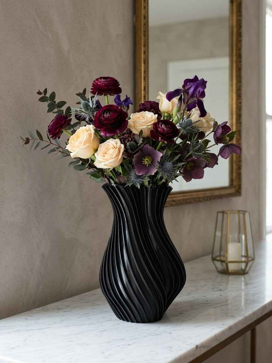 Close-up of a black ribbed vase with purple and cream flowers on a marble surface, with a gold-framed mirror and soft lighting in the background.