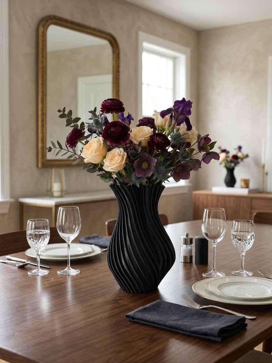 Decorative black sculptural vase with purple and cream flowers on a dining table, surrounded by glassware, plates, and a floral arch in a cozy room.
