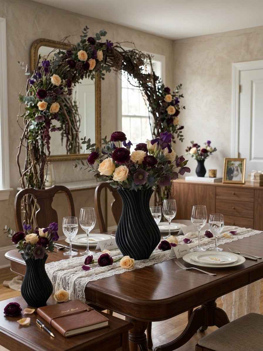 Elegant black sculptural vase with ribbed swirl design holding a floral arrangement of cream roses, purple irises, and dark burgundy blooms on a decorated dining table, part of The Still Life Session by Session Candle Co.
