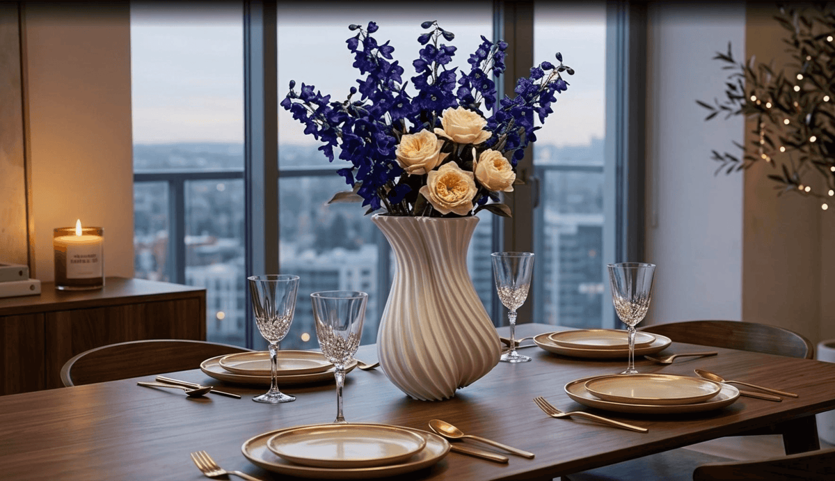 Elegant dining table with a sculptural white vase holding purple and cream flowers, gold-rimmed plates, and crystal glasses, overlooking city skyline.